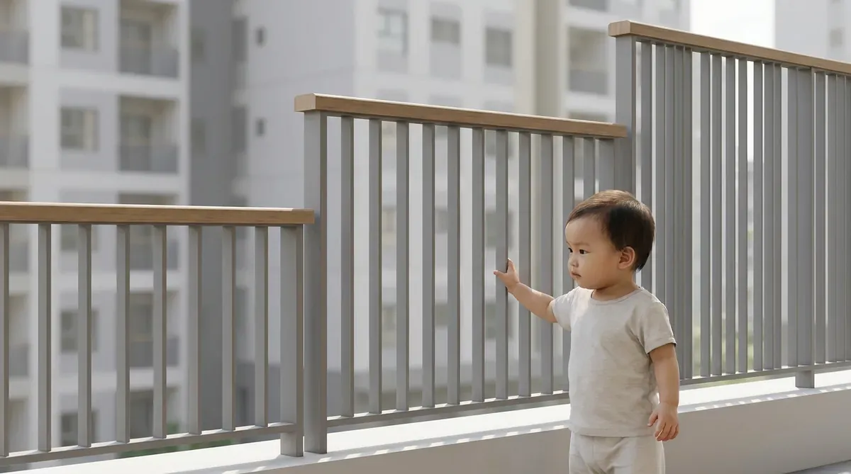 Minh họa so sánh chiều cao lan can an toàn với trẻ em, thể hiện các mức 0.9m, 1.1m và 1.4m.