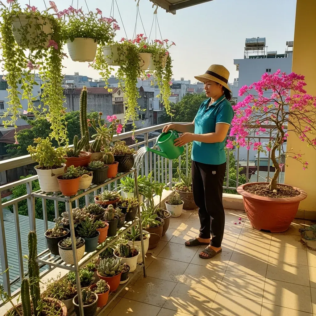 Người phụ nữ tưới cây cho kệ hoa nhiều tầng trên ban công hướng Nam ngập nắng.