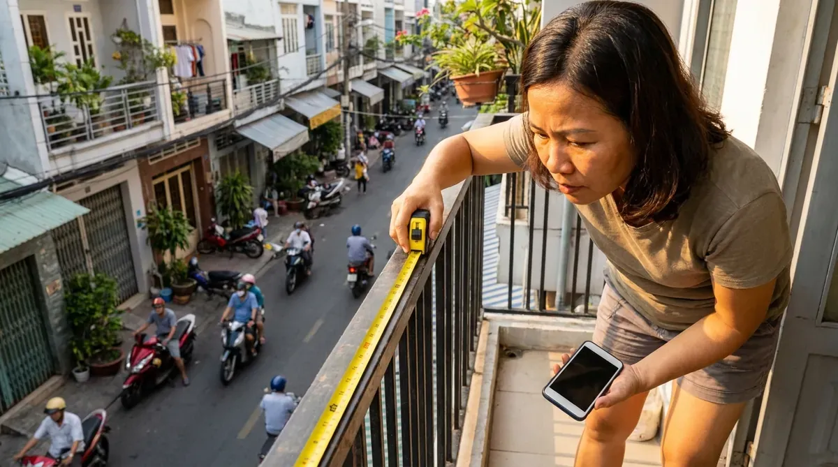 Người phụ nữ Việt Nam đang đo chiều cao lan can ban công nhà phố bằng thước dây, ánh sáng tự nhiên.