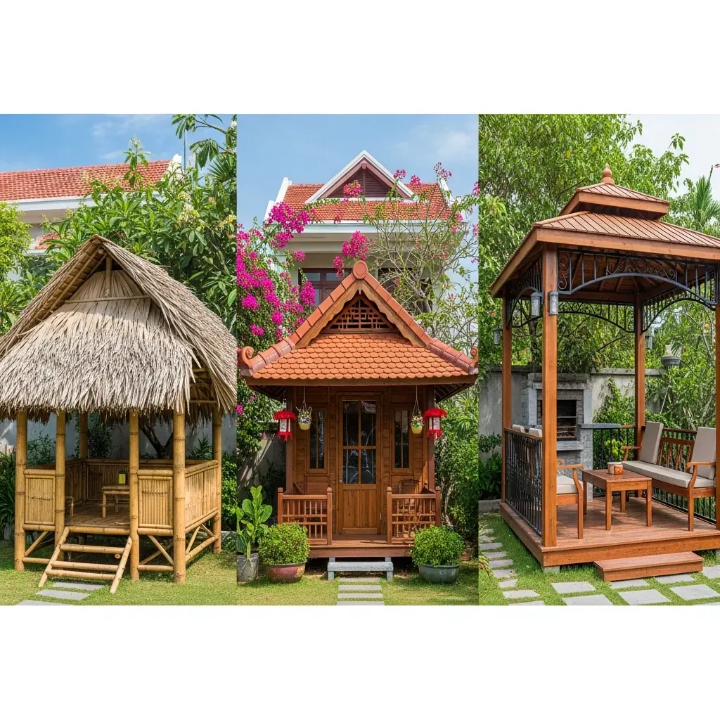 Ba kiểu nhà chòi tượng trưng cho các phân khúc ngân sách: tre lá, gỗ ngói, gazebo cao cấp.