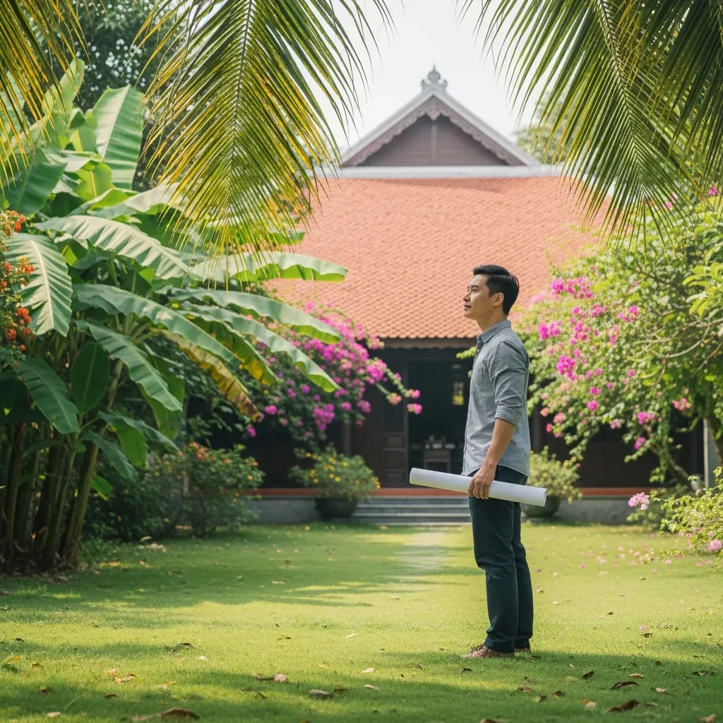Người đàn ông Việt Nam khảo sát vị trí đặt nhà chòi trong sân vườn nhiệt đới.