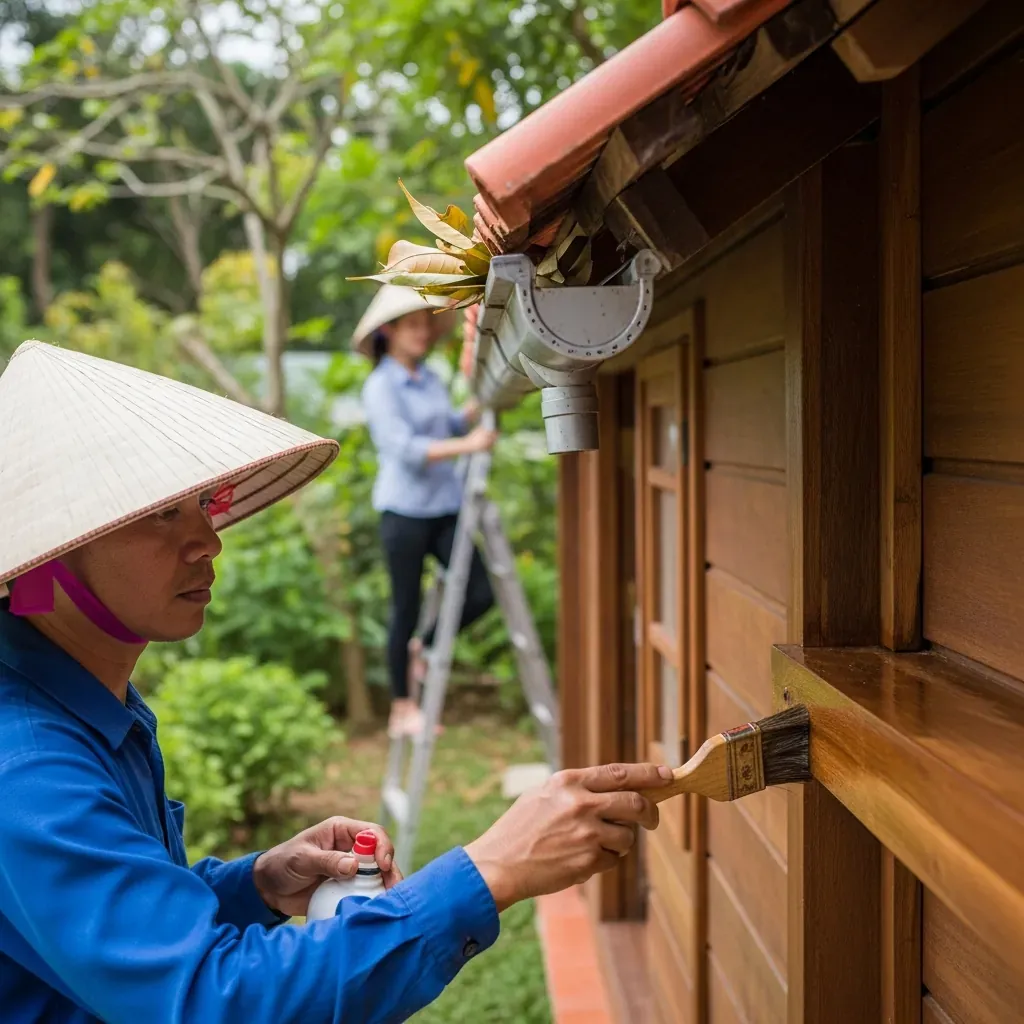 Người đàn ông Việt Nam xử lý chống mối và người phụ nữ dọn máng xối cho nhà chòi.
