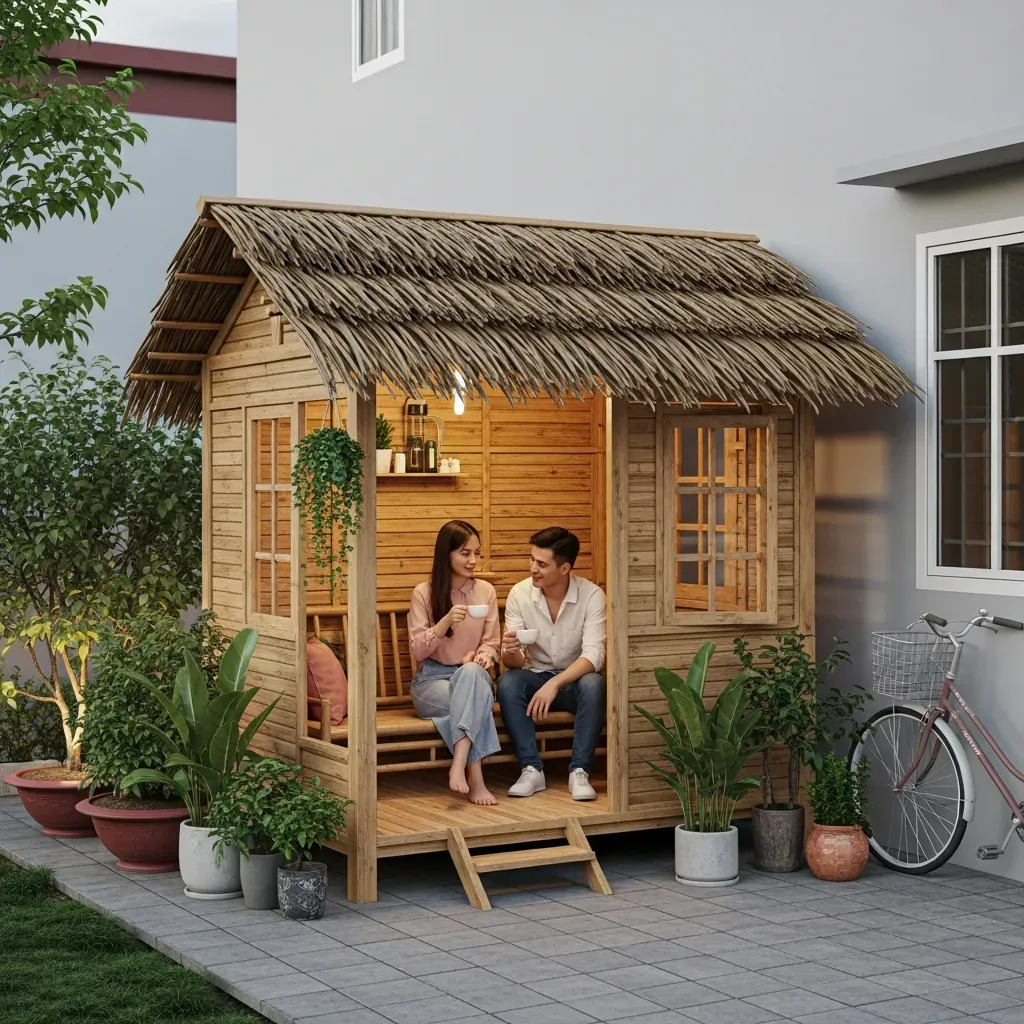 Nhà chòi nhỏ 5 mét vuông làm từ gỗ thông và mái lá, cặp đôi Việt bên trong.