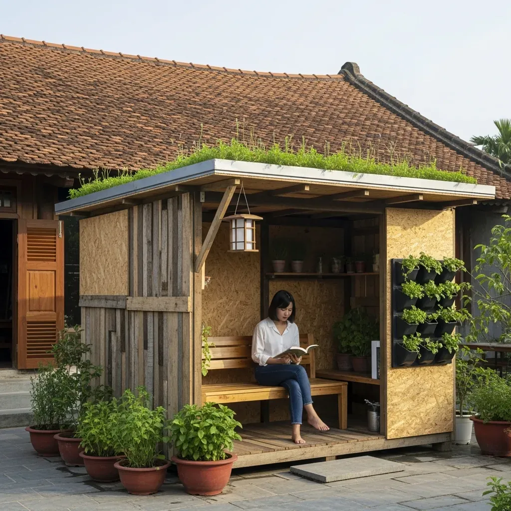 Nhà chòi xanh sử dụng vật liệu tái chế và mái cây, phụ nữ Việt đọc sách bên trong.