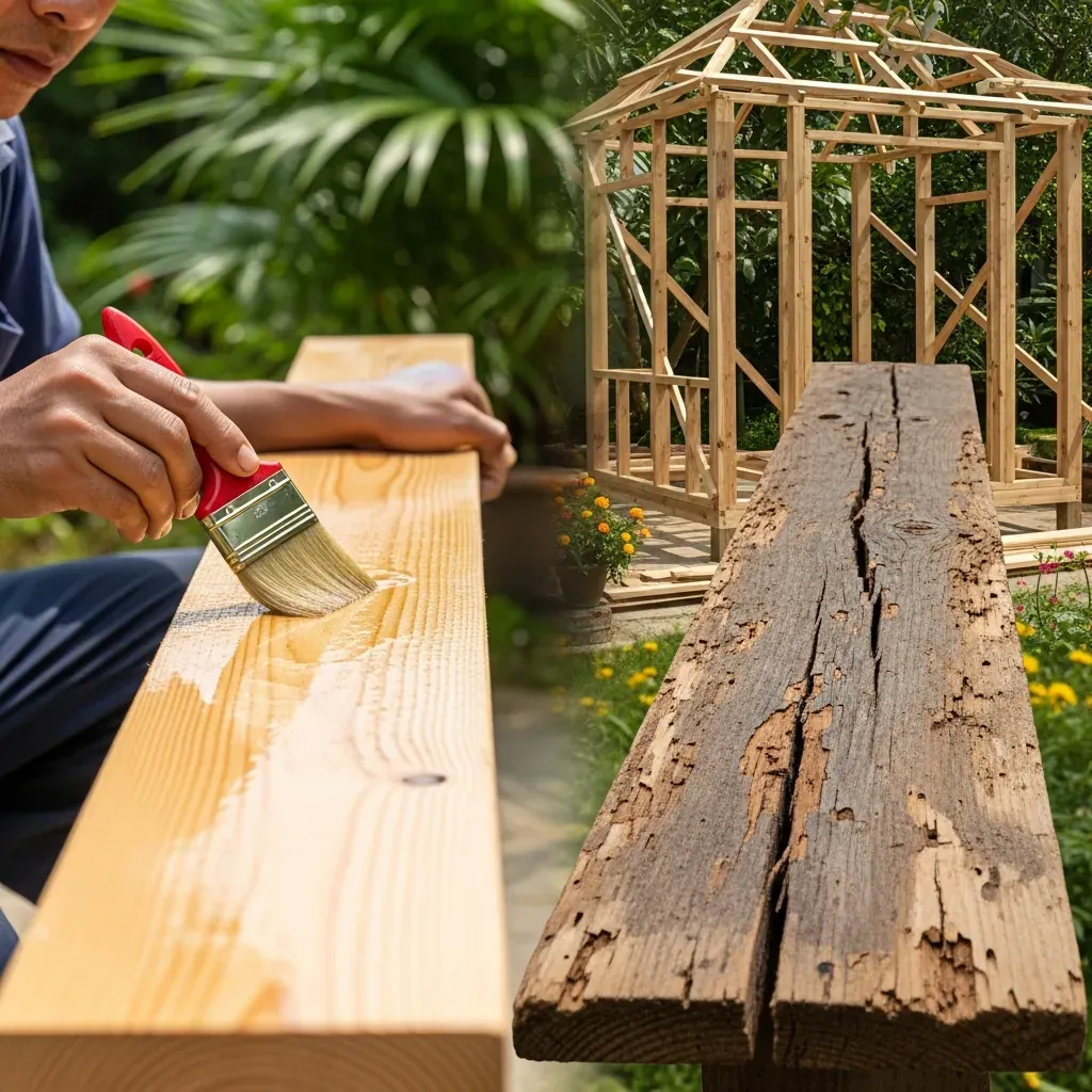 So sánh gỗ thông đã xử lý chống thấm và gỗ tạp, thợ mộc Việt Nam đang sơn dầu.