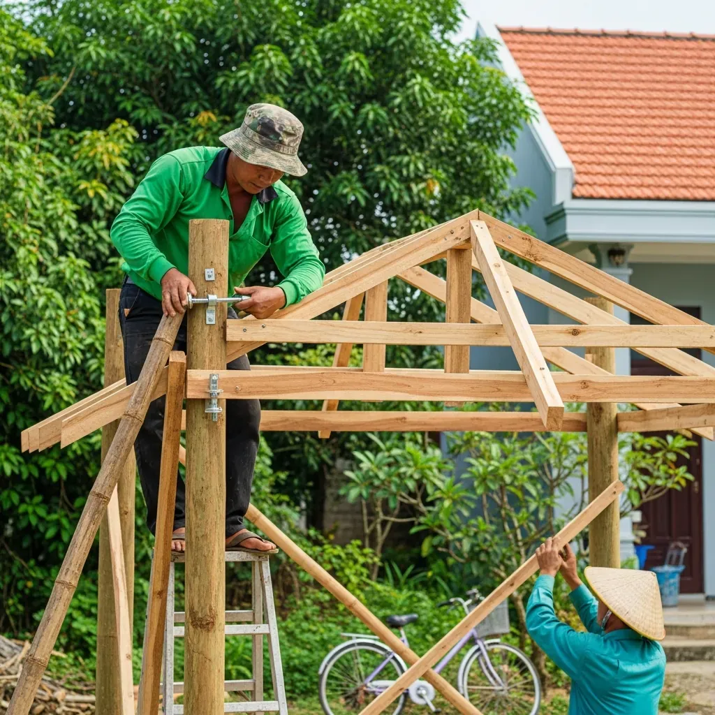 Thợ mộc dựng khung kết cấu nhà chòi tre gỗ trong khu vườn Việt.