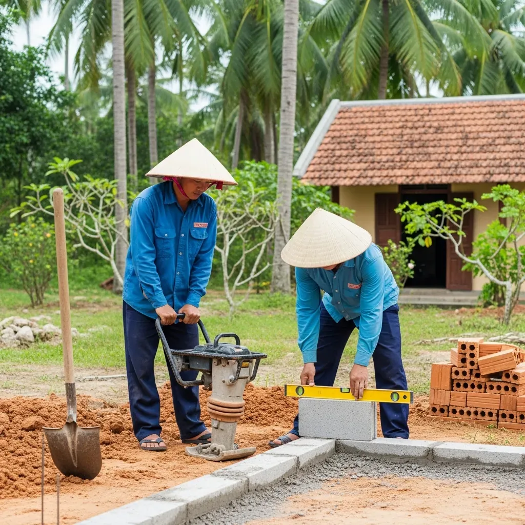 Thợ xây Việt Nam đang san nền và kiểm tra độ phẳng móng cho nhà chòi.