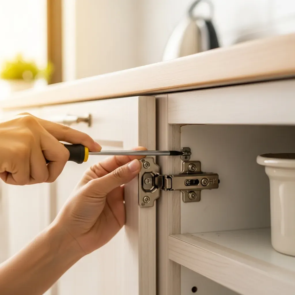 Bàn tay người thợ đang vặn vít chỉnh bản lề tủ bếp.