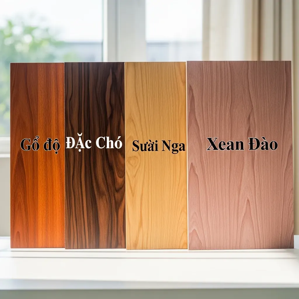 Các mẫu gỗ tự nhiên so sánh vân và màu sắc cho tủ bếp