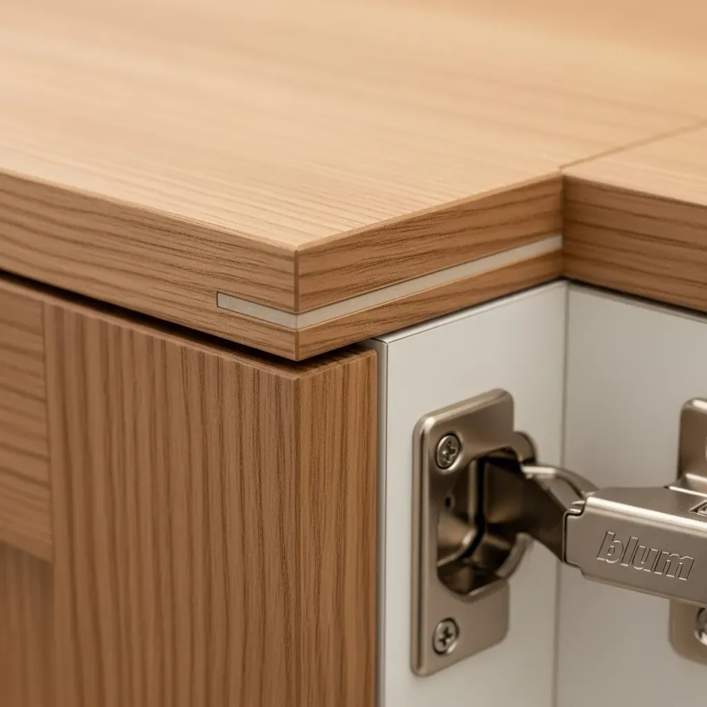 Cận cảnh mép dán cạnh tủ bếp hoàn hảo và bản lề Blum giảm chấn.