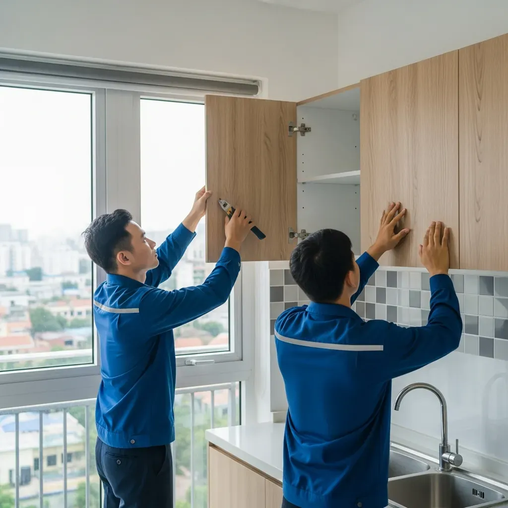 Kỹ thuật viên lắp đặt tủ bếp gỗ tại căn hộ ở Việt Nam.