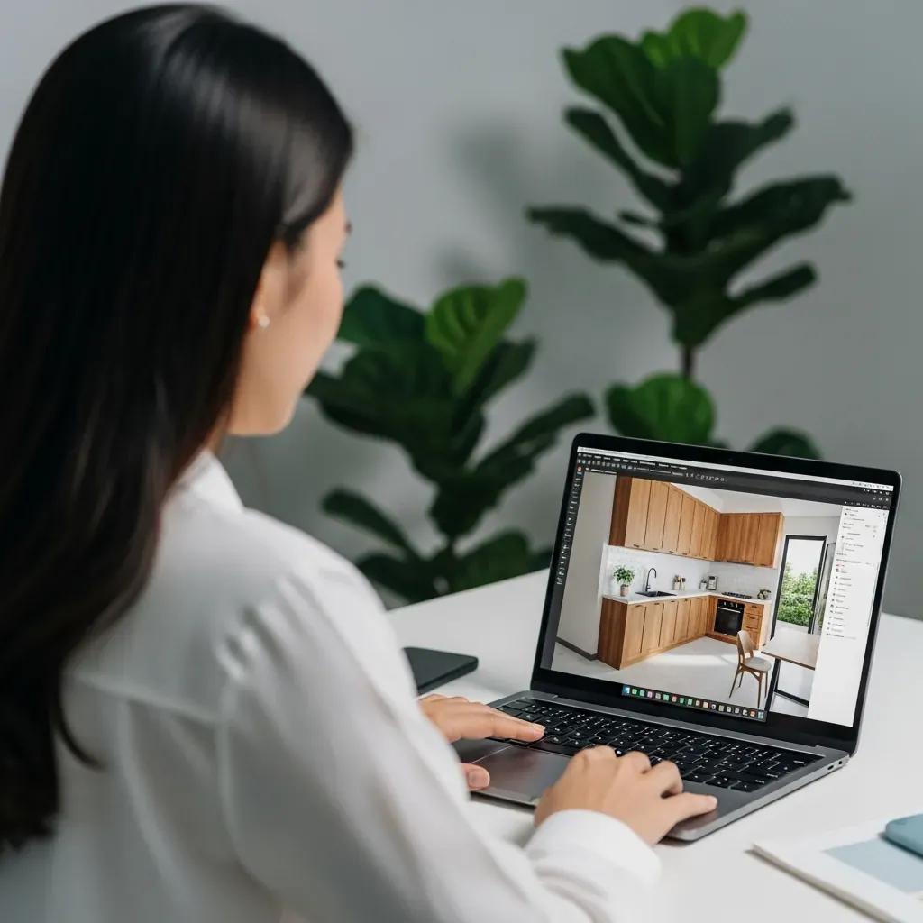 Nữ thiết kế Việt Nam xem mô hình 3D tủ bếp trên màn hình laptop.