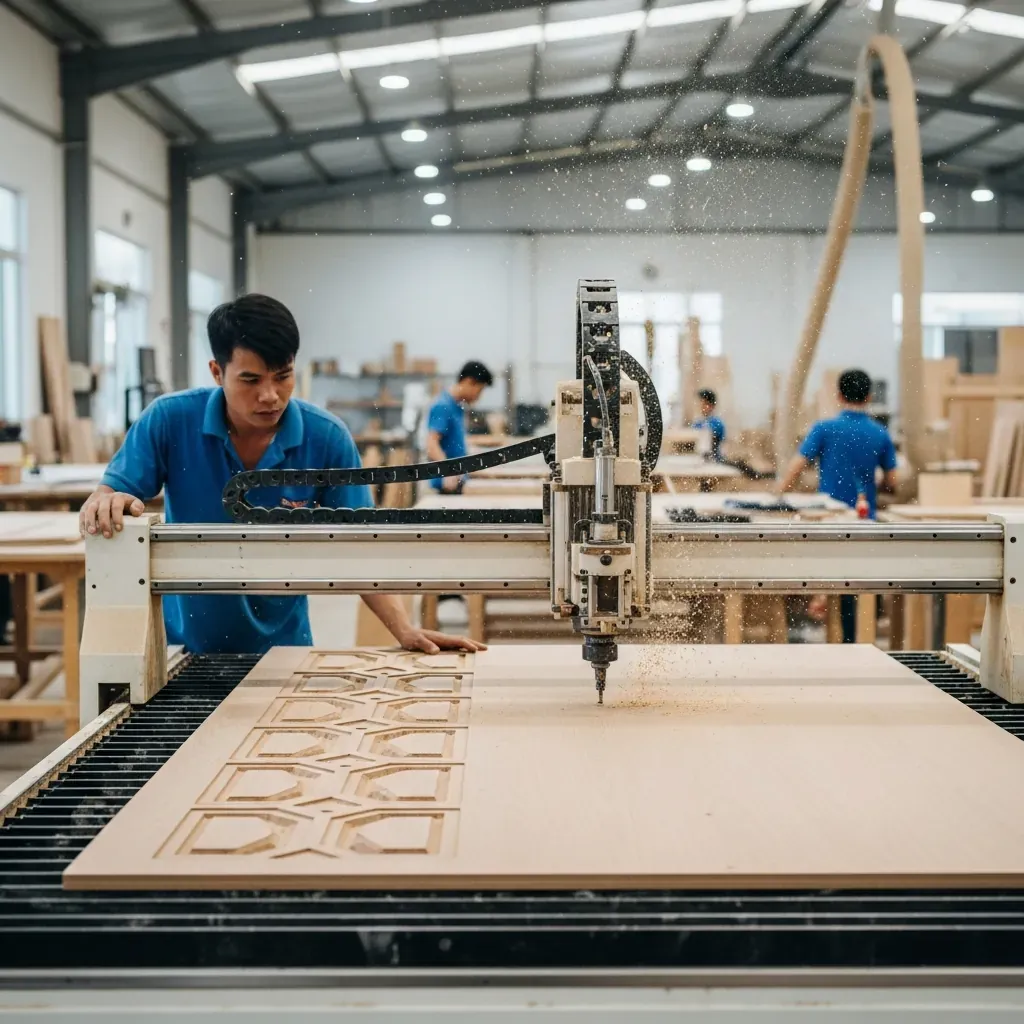 Thợ mộc vận hành máy CNC cắt gỗ sản xuất tủ bếp tại xưởng.