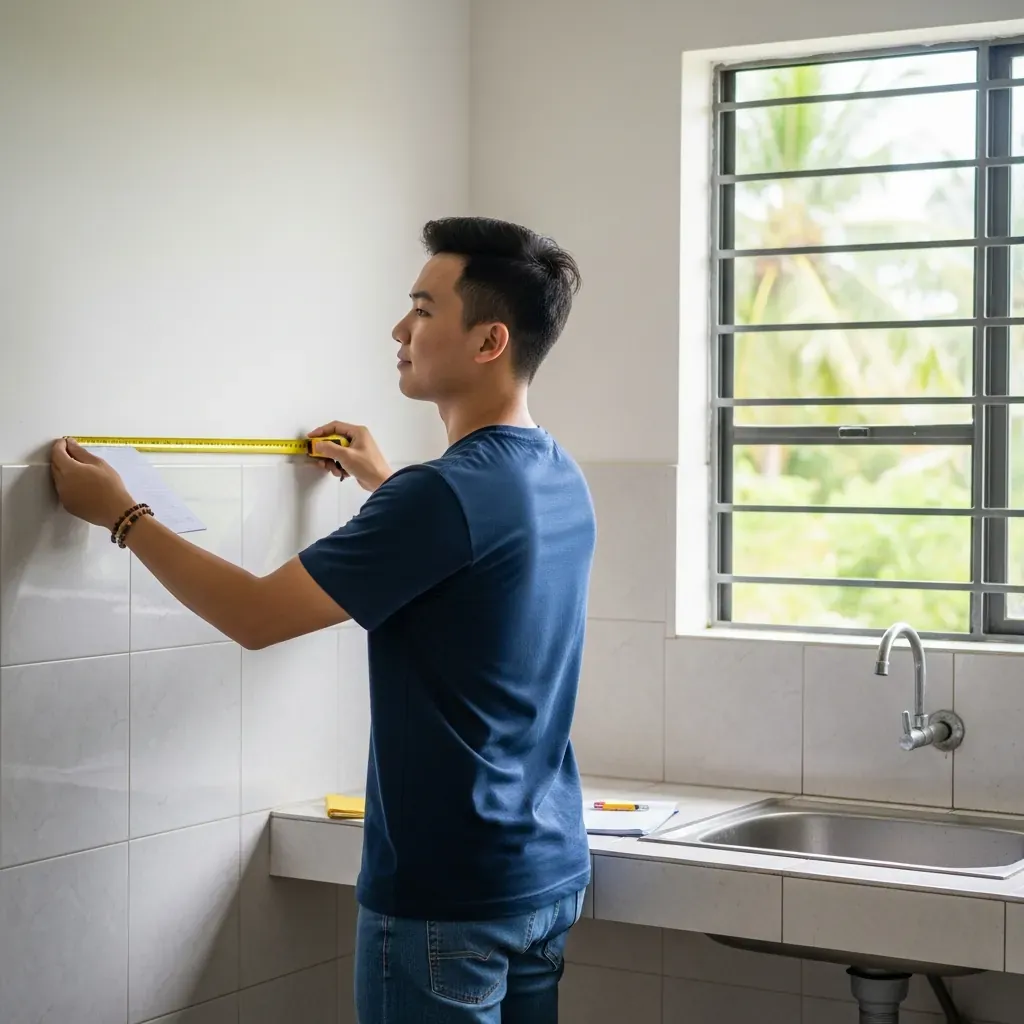 Thợ thi công người Việt đo đạc không gian bếp trước khi làm tủ.