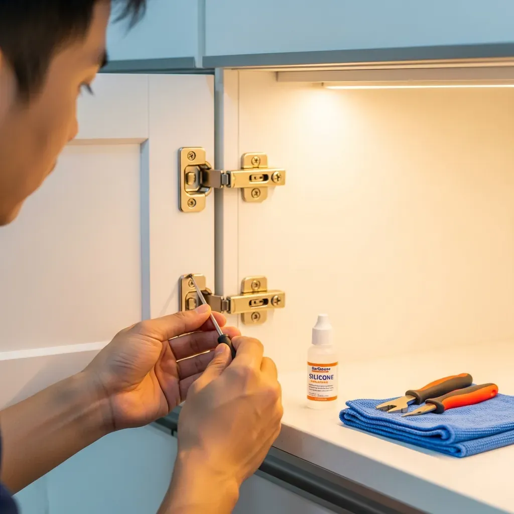 Bàn tay đàn ông đang siết ốc bản lề tủ bếp, bên cạnh là dầu bôi trơn silicone.