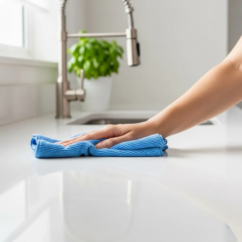 Bàn tay lau mặt bàn bếp bằng khăn microfiber sạch, bề mặt sáng bóng.