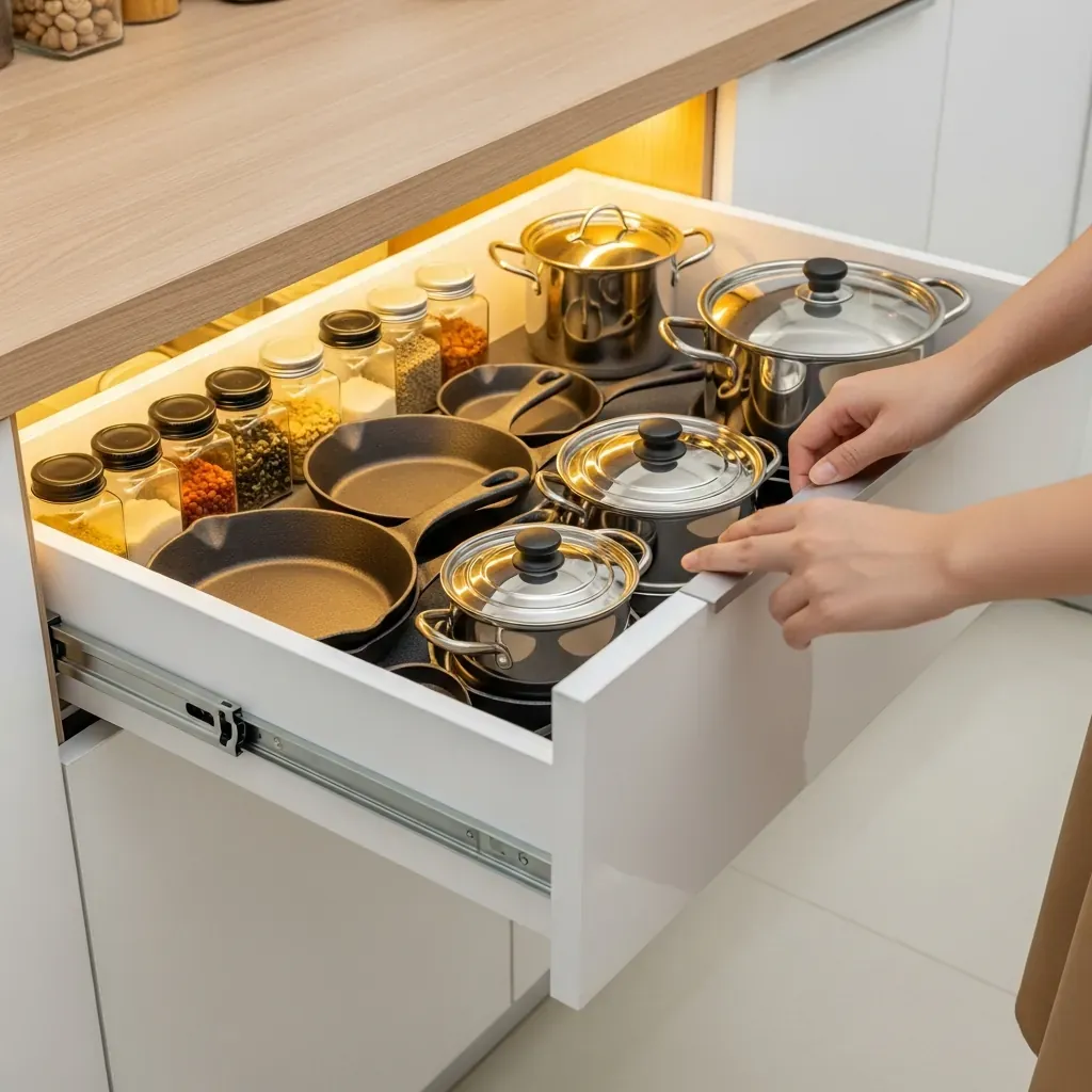 Bàn tay phụ nữ kéo ngăn kéo tủ bếp được sắp xếp gọn gàng với nồi, chảo và lọ gia vị.