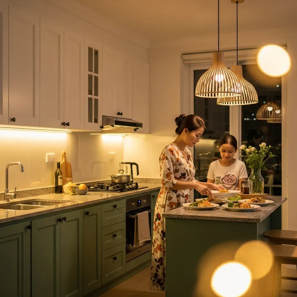 Bếp căn hộ Việt Nam buổi tối với tủ dưới màu xanh rêu, đèn LED ấm và đèn thả trang trí.