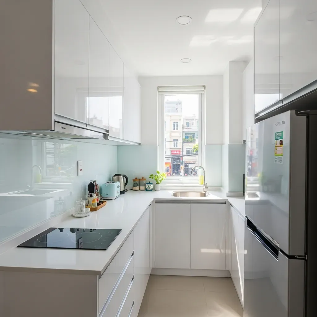 Bếp chữ I nhỏ gọn trong căn hộ 18m² với tủ bóng gương, tận dụng ánh sáng tự nhiên.
