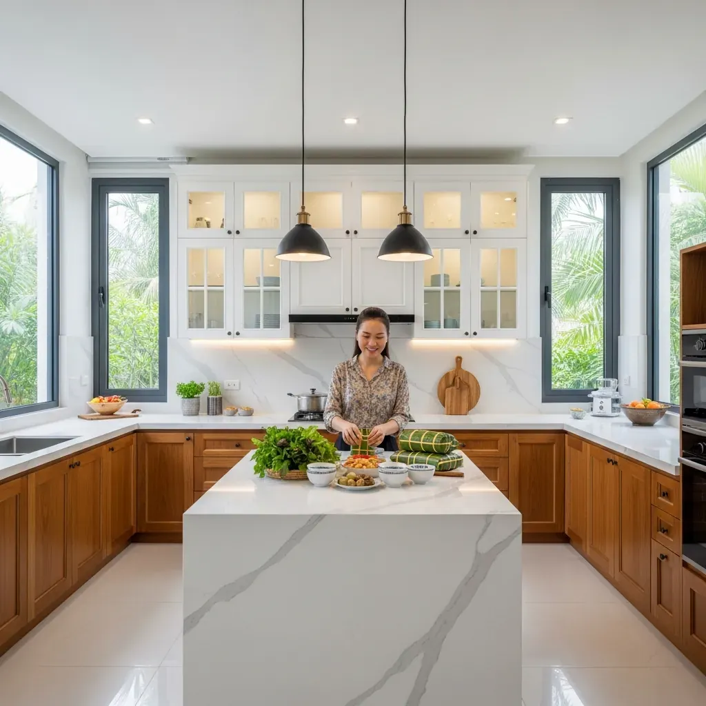 Bếp chữ U sang trọng tại nhà Quảng Ninh với đảo bếp đá marble và cây xanh nhiệt đới.