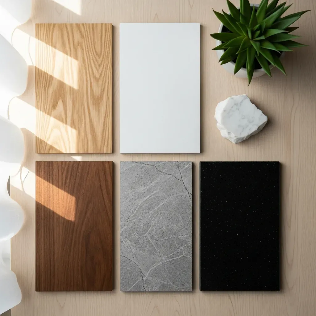 Các mẫu vật liệu tủ bếp đặt cạnh nhau: gỗ sồi, acrylic, laminate, đá granite và marble.