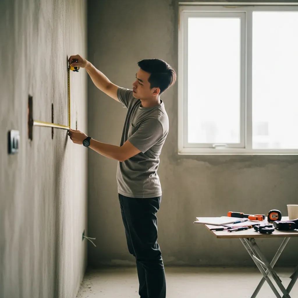 Người đàn ông Việt Nam đang đo đạc kích thước tường bếp bằng thước dây.