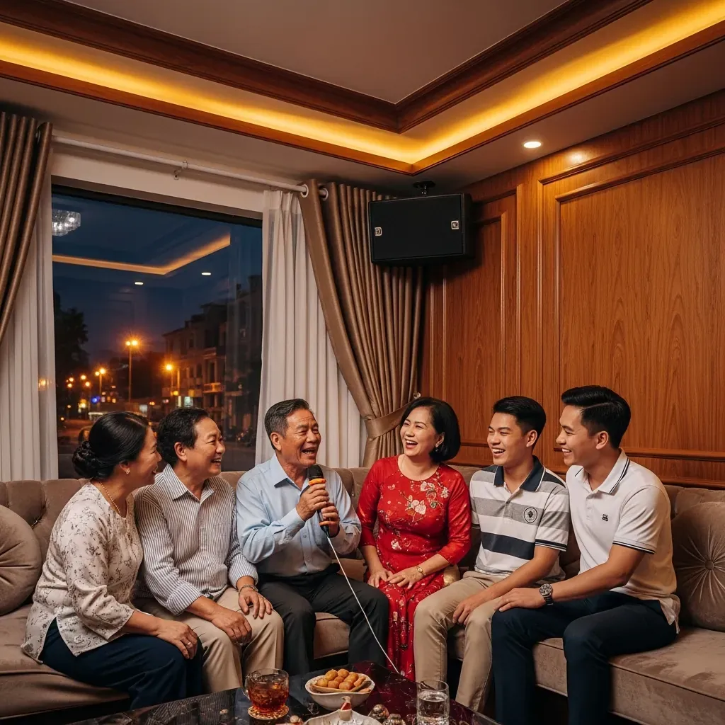 Cảnh gia đình Việt Nam quây quần hát karaoke trong phòng ấm cúng, cửa sổ nhìn ra phố đêm yên tĩnh.
