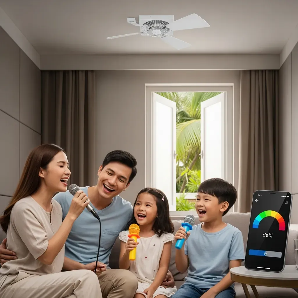Gia đình Việt bốn người cùng hát trong phòng karaoke thông thoáng, điện thoại hiển thị ứng dụng đo decibel.