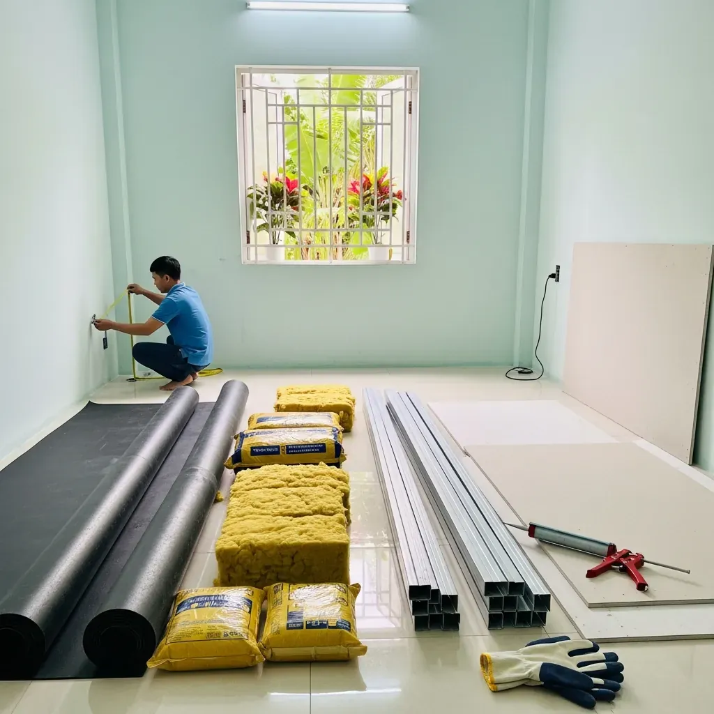 Góc phòng trống với các cuộn cao su, bông khoáng và khung sắt được sắp xếp gọn gàng, một người đang đo tường.