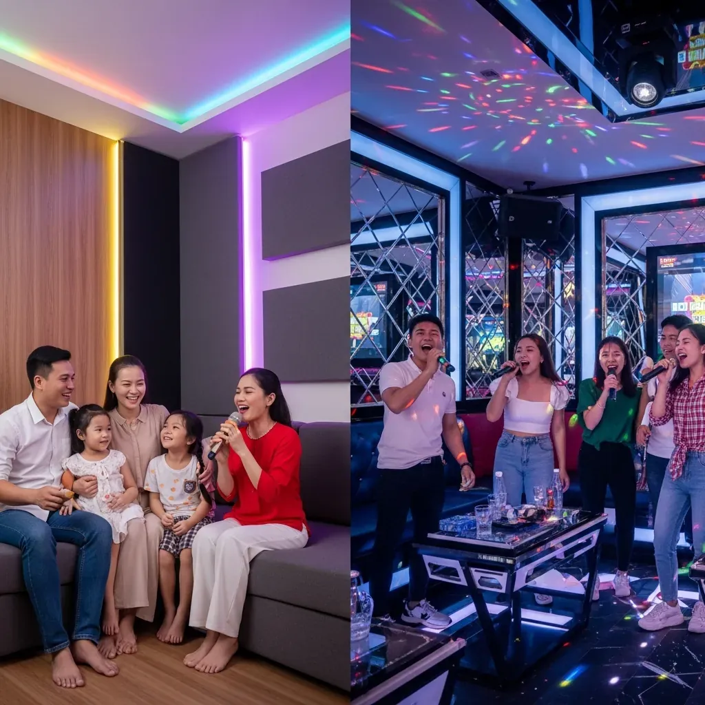 Hình so sánh phòng karaoke gia đình ấm cúng bên trái và phòng karaoke kinh doanh sôi động bên phải.