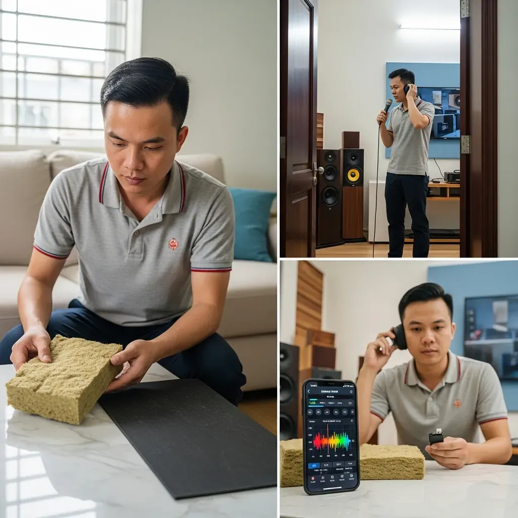 Người đàn ông Việt kiểm tra mẫu vật liệu cách âm tại nhà và thử loa ở cửa hàng trước khi mua.