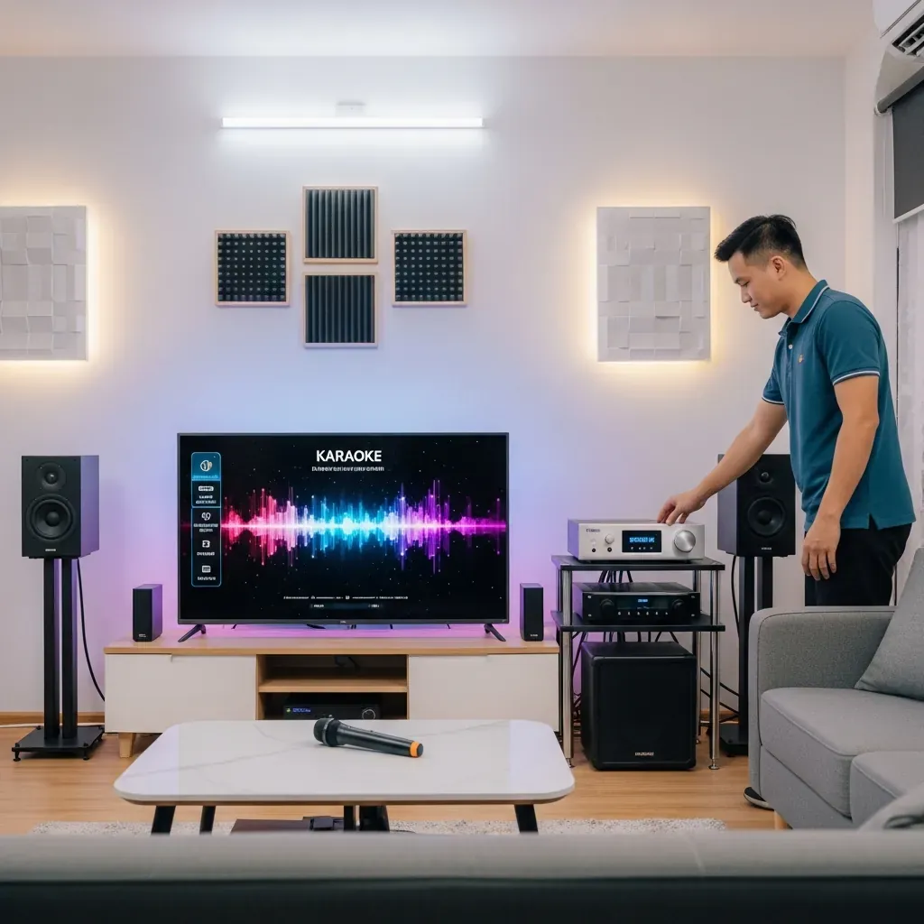 Phòng khách Việt Nam biến thành phòng hát với tivi hiển thị giao diện karaoke, amply, loa và micro không dây.