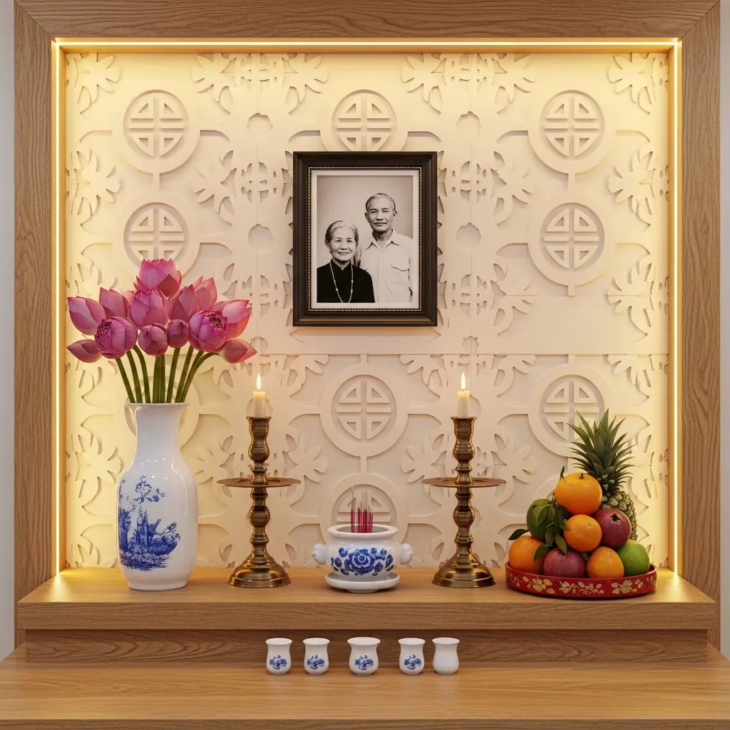 Bàn thờ gỗ sồi được bài trí đối xứng: ảnh thờ ở giữa, bát hương trung tâm, bình hoa và mâm quả hai bên.