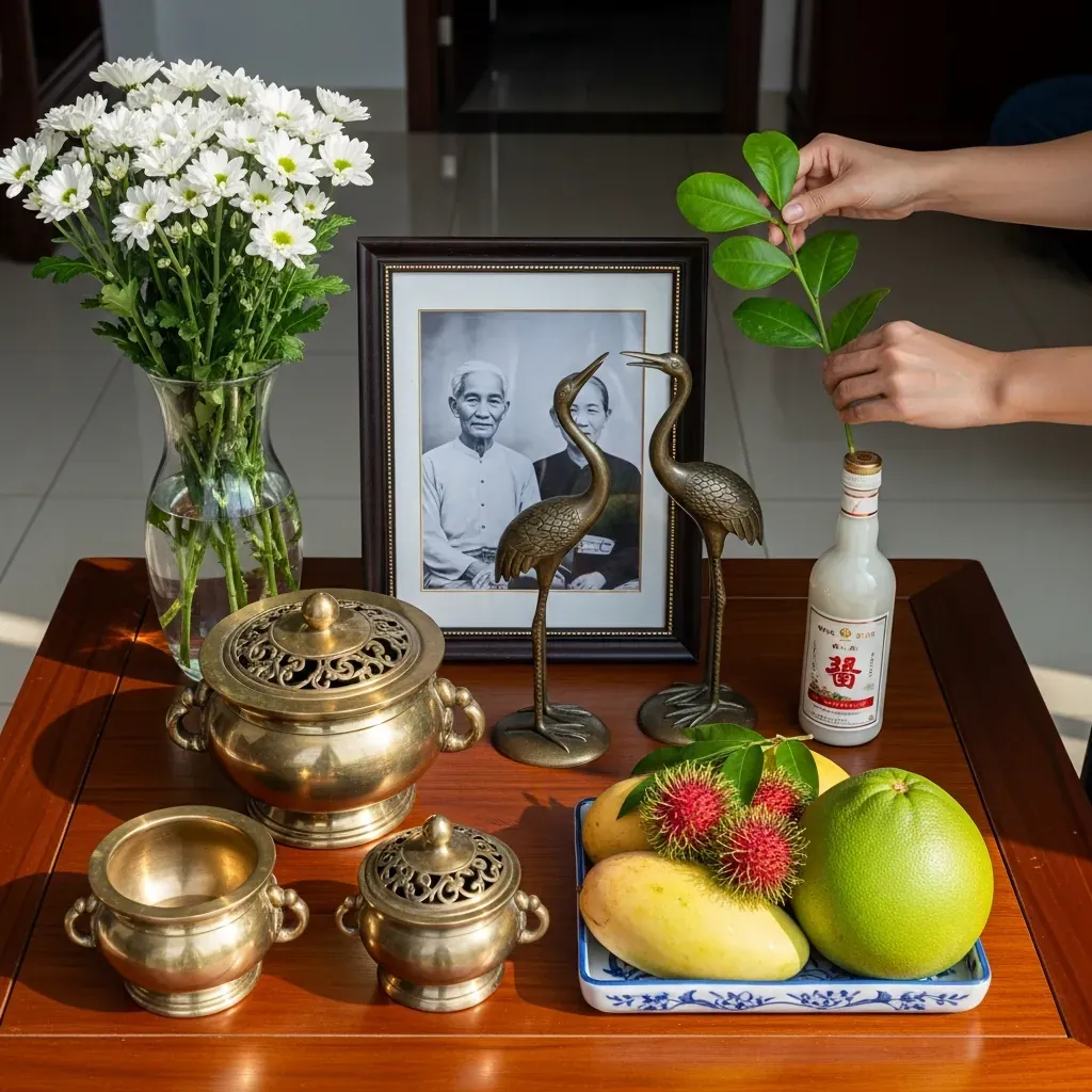 Bộ đồ thờ cúng cần sắm sửa: bát hương, đỉnh đồng, chân nến, bình hoa, mâm ngũ quả và rượu lễ.