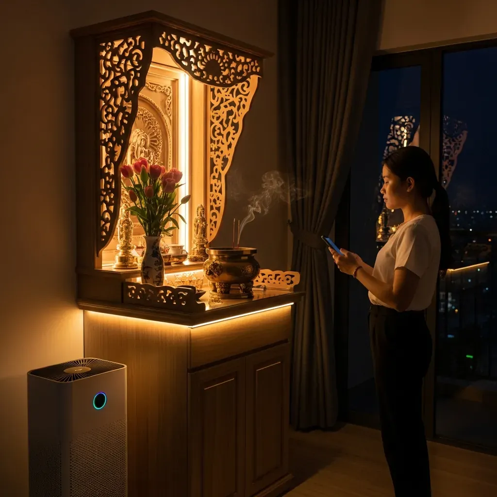 Đèn LED âm trần vàng ấm tích hợp điều khiển thông minh tạo không gian thờ cúng ấm cúng, an toàn.
