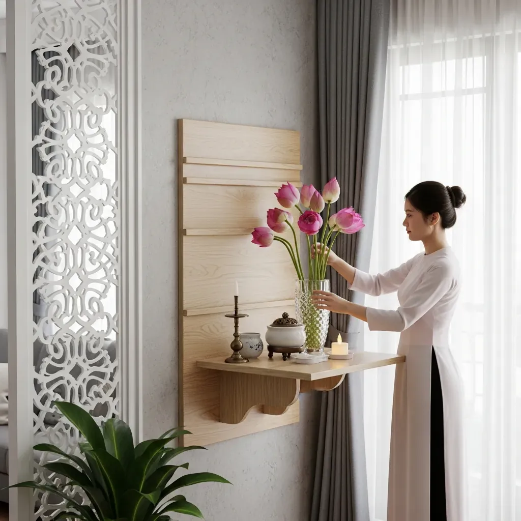 Giải pháp bàn thờ treo tường tiết kiệm diện tích cho căn hộ nhỏ, với vách CNC nhẹ nhàng và tông màu sáng.