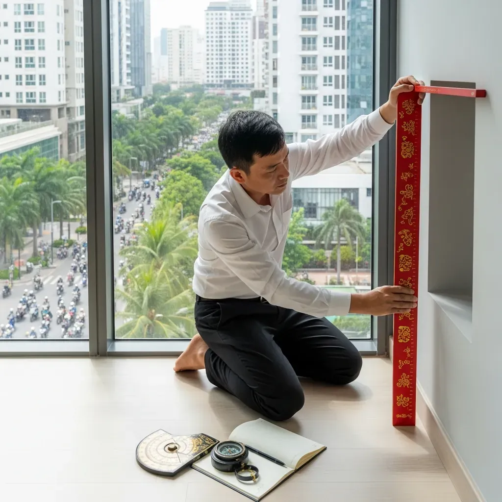 Người đàn ông Việt dùng thước Lỗ Ban đo kích thước cho vị trí đặt bàn thờ trong căn hộ chung cư.