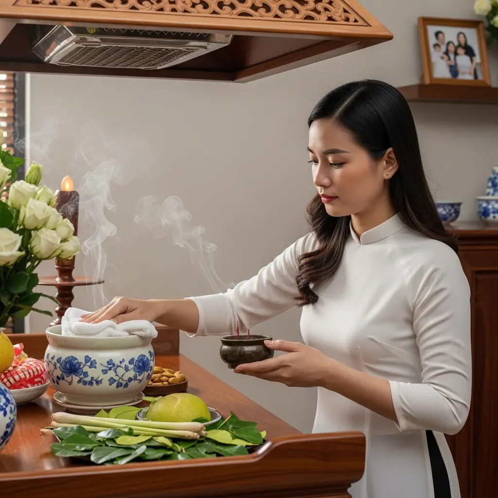 Người phụ nữ Việt lau bàn thờ bằng nước ấm thảo mộc, tránh xê dịch bát hương, đúng phong tục.