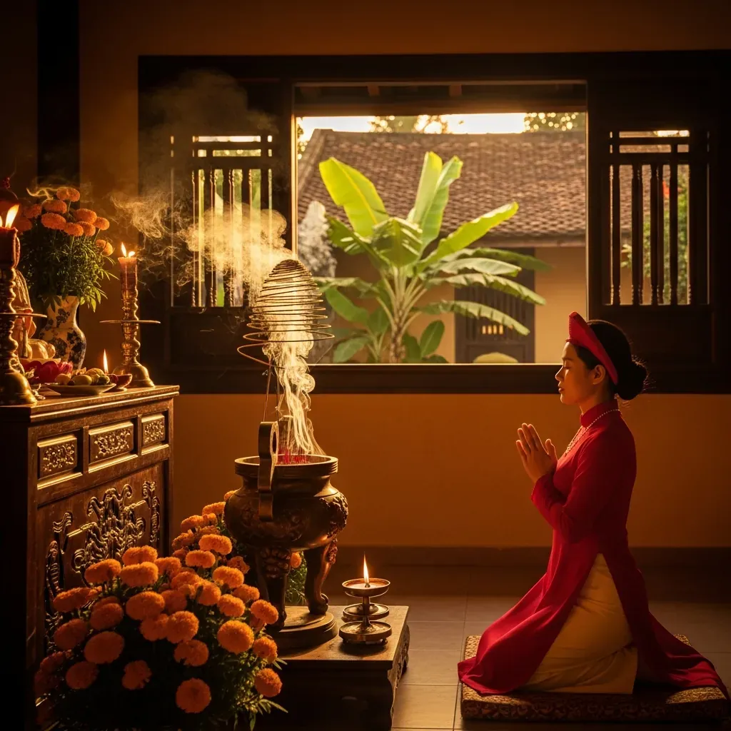 Người phụ nữ Việt thành tâm khấn nguyện bên bàn thờ gia tiên với hương đèn ấm cúng.