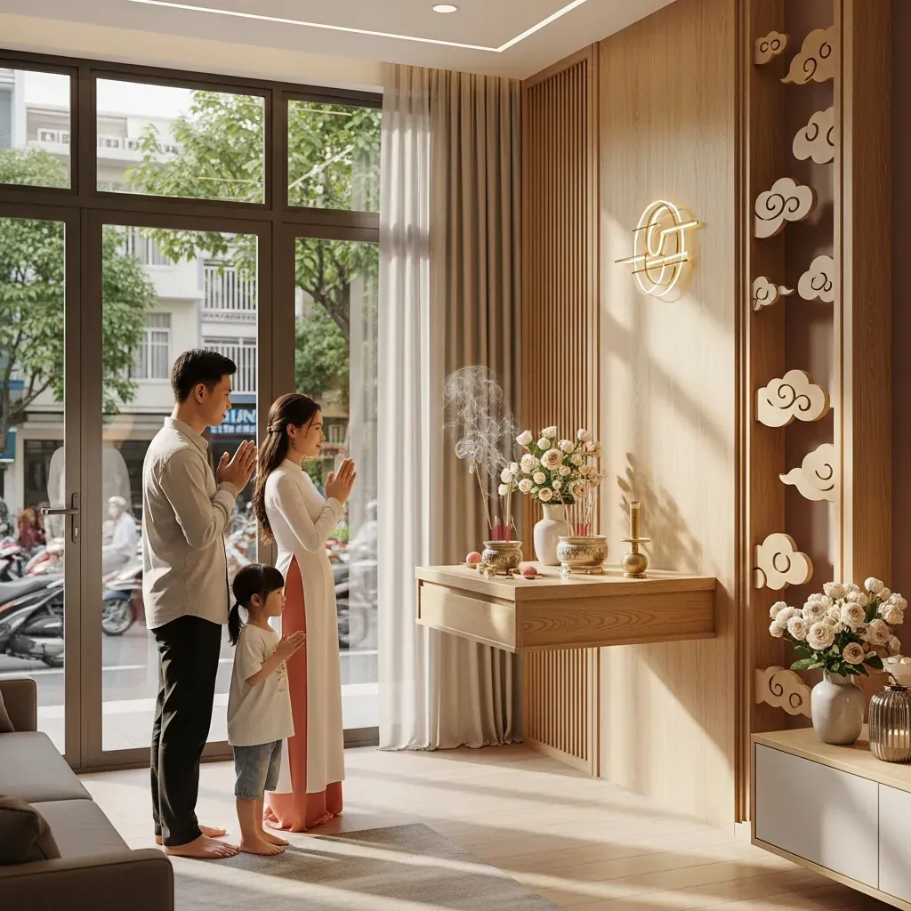 Phòng khách chung cư hiện đại ở Việt Nam, bàn thờ treo tường gỗ sồi thanh thoát, gia đình trẻ đang thắp hương tỏ lòng thành kính.