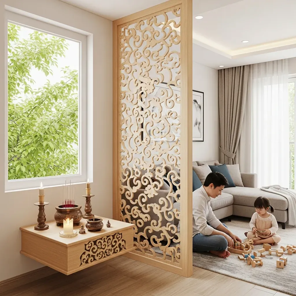 Vách ngăn CNC gỗ MDF tách biệt không gian thờ và phòng khách trong căn hộ chung cư nhỏ.