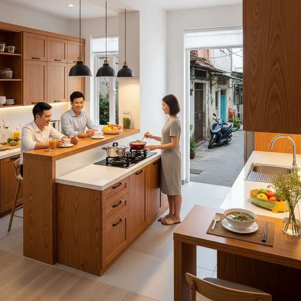 Ba không gian bếp nhỏ: quầy bar bếp, đảo bếp và bàn ăn sáng trong một căn hộ Việt Nam hiện đại, nhiều ánh sáng tự nhiên.