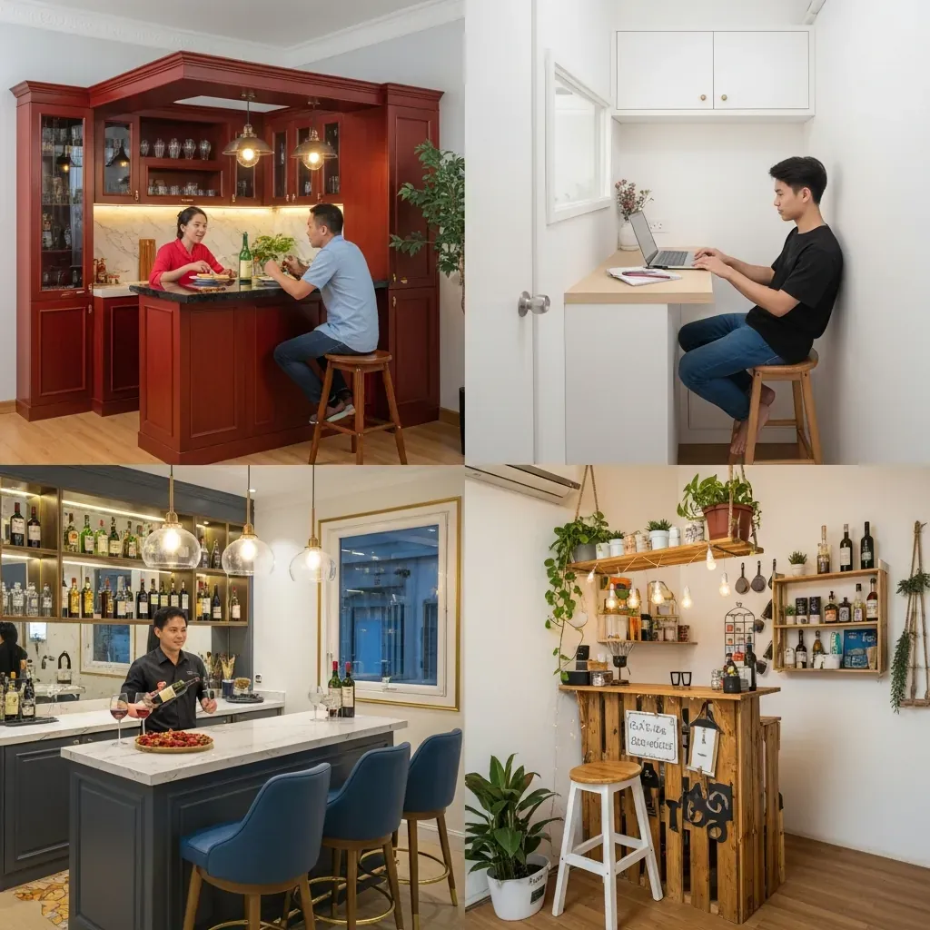 Bốn dự án quầy bar thực tế tại Việt Nam: chung cư Hà Nội, studio nhỏ TP.HCM, nhà phố quận 7, và dự án pallet mộc mạc.