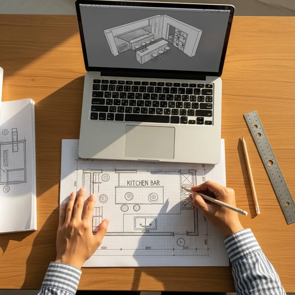 Góc nhìn từ trên xuống bàn vẽ của kiến trúc sư Việt, tay phác thảo bản vẽ kỹ thuật quầy bar, máy tính xách tay hiển thị mô hình 3D không chữ.