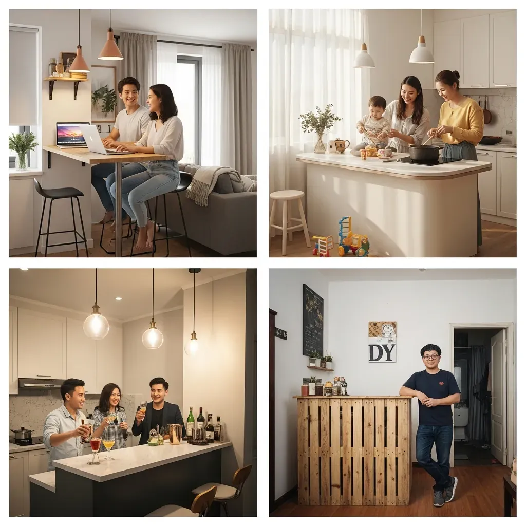 Lưới 2x2 bốn cảnh gia đình Việt sử dụng quầy bar bếp: cặp đôi trẻ, gia đình có con nhỏ, người độc thân tiếp khách, và người tự làm quầy pallet.