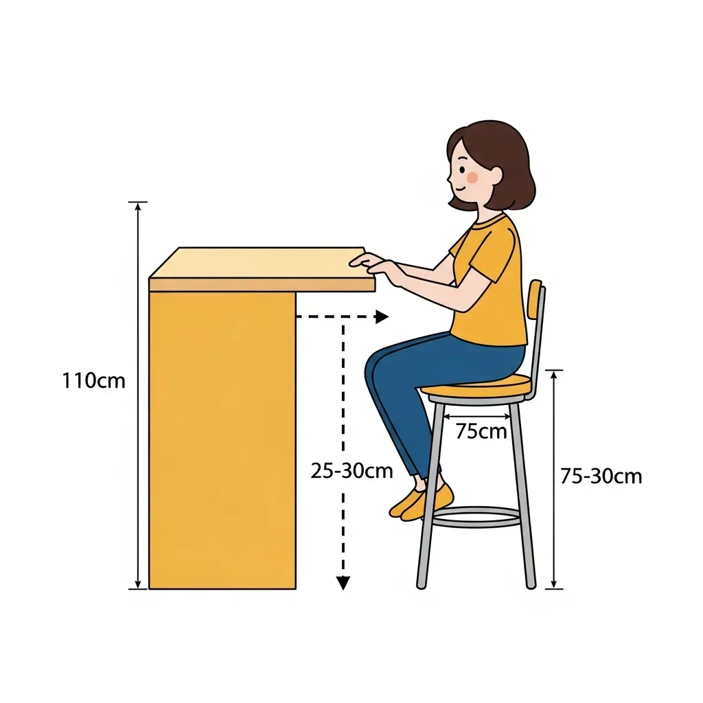 Minh họa isometric so sánh chiều cao quầy bar 110cm và ghế bar 75-80cm, khoảng cách 25-30cm được đánh dấu bằng đường nét đứt.
