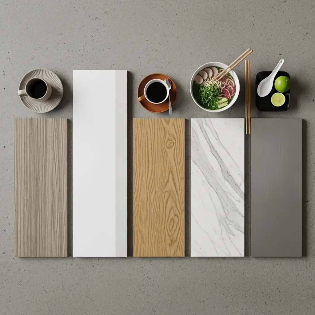 Năm mẫu vật liệu mặt bàn quầy bar: laminate vân gỗ, acrylic trắng, gỗ sồi, đá quartz vân mây, inox, bên cạnh là ly cà phê và tô phở.
