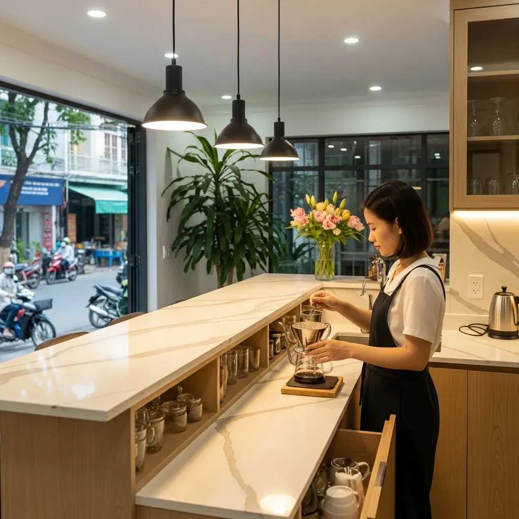 Quầy bar bếp sang trọng với mặt đá quartz trắng vân mây, đèn thả đen, người phụ nữ Việt đang pha cà phê, nền căn bếp mở nhiệt đới.