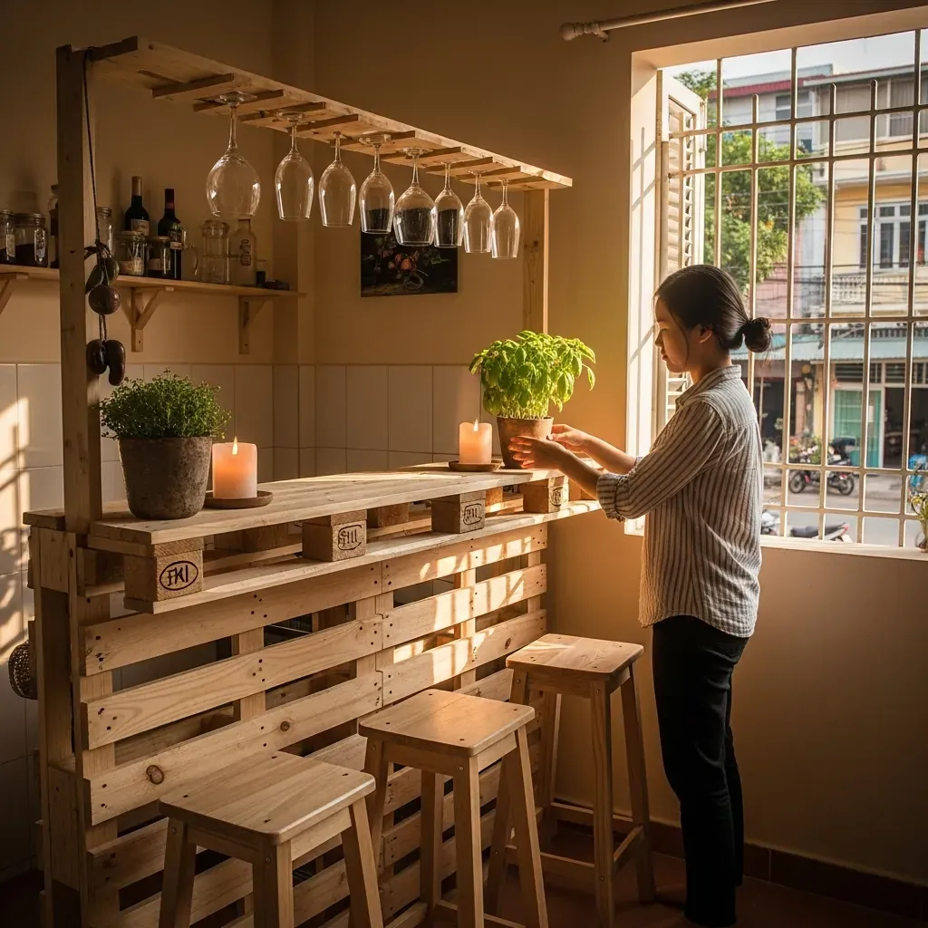 Quầy bar bếp tự làm từ gỗ pallet trong nhà Việt, người phụ nữ đang trang trí với chậu rau thơm và nến, ánh sáng tự nhiên.
