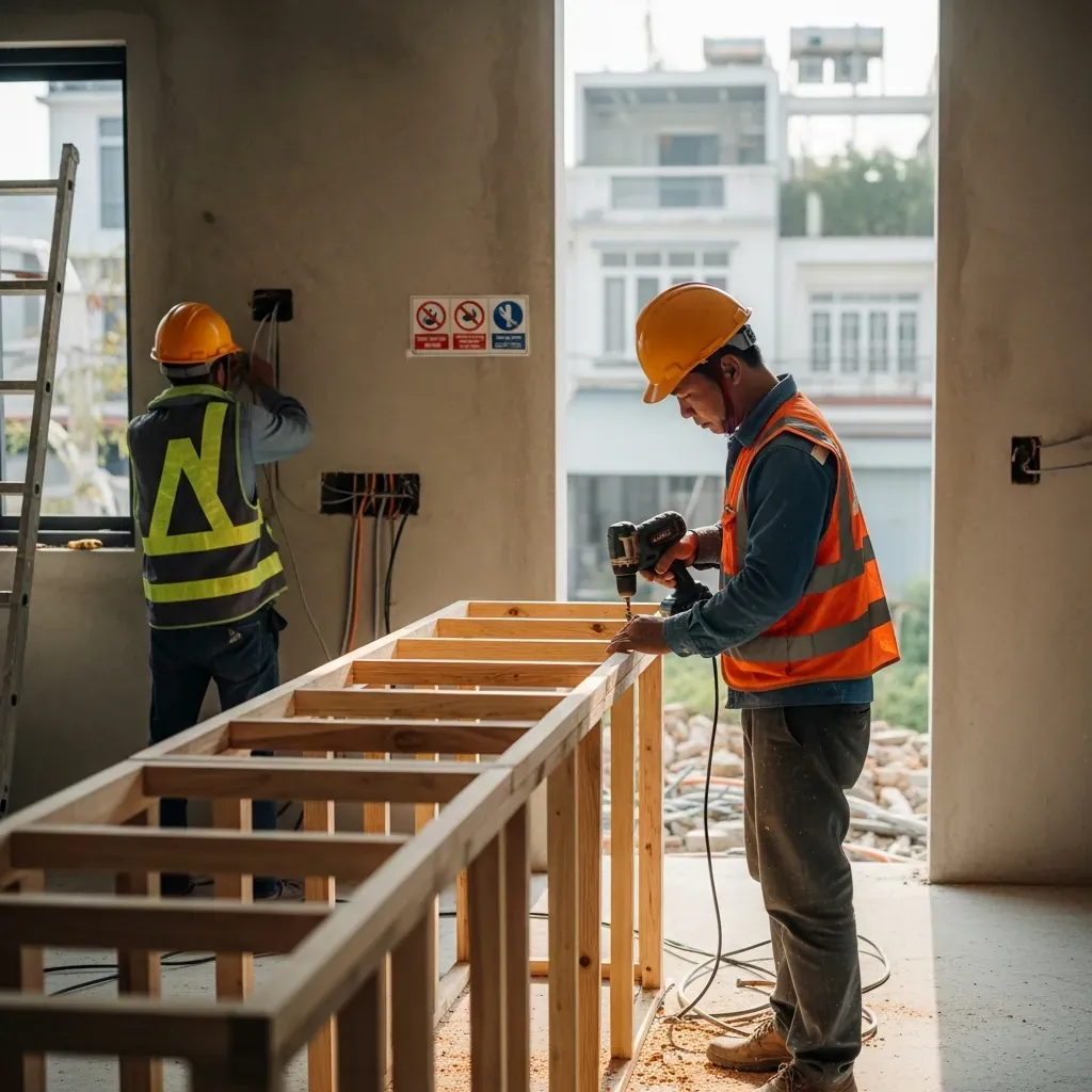 Thợ xây dựng Việt Nam đội mũ bảo hộ đang lắp khung gỗ cho quầy bar bếp, đồng nghiệp kéo dây điện, cửa sổ nhìn ra phố Việt.
